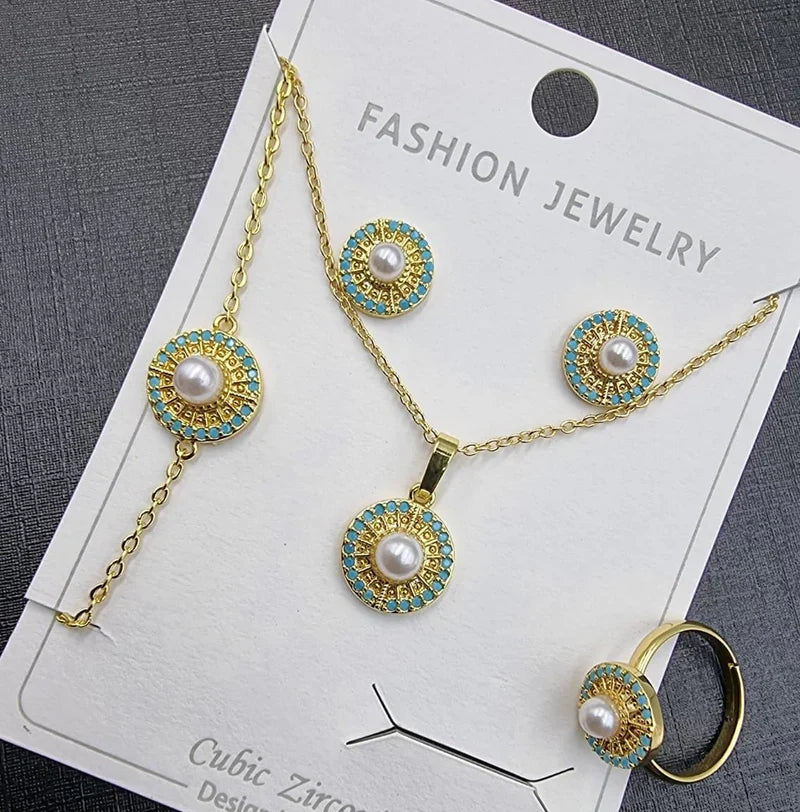 Turquoise & Pearl Round Jewelry Set