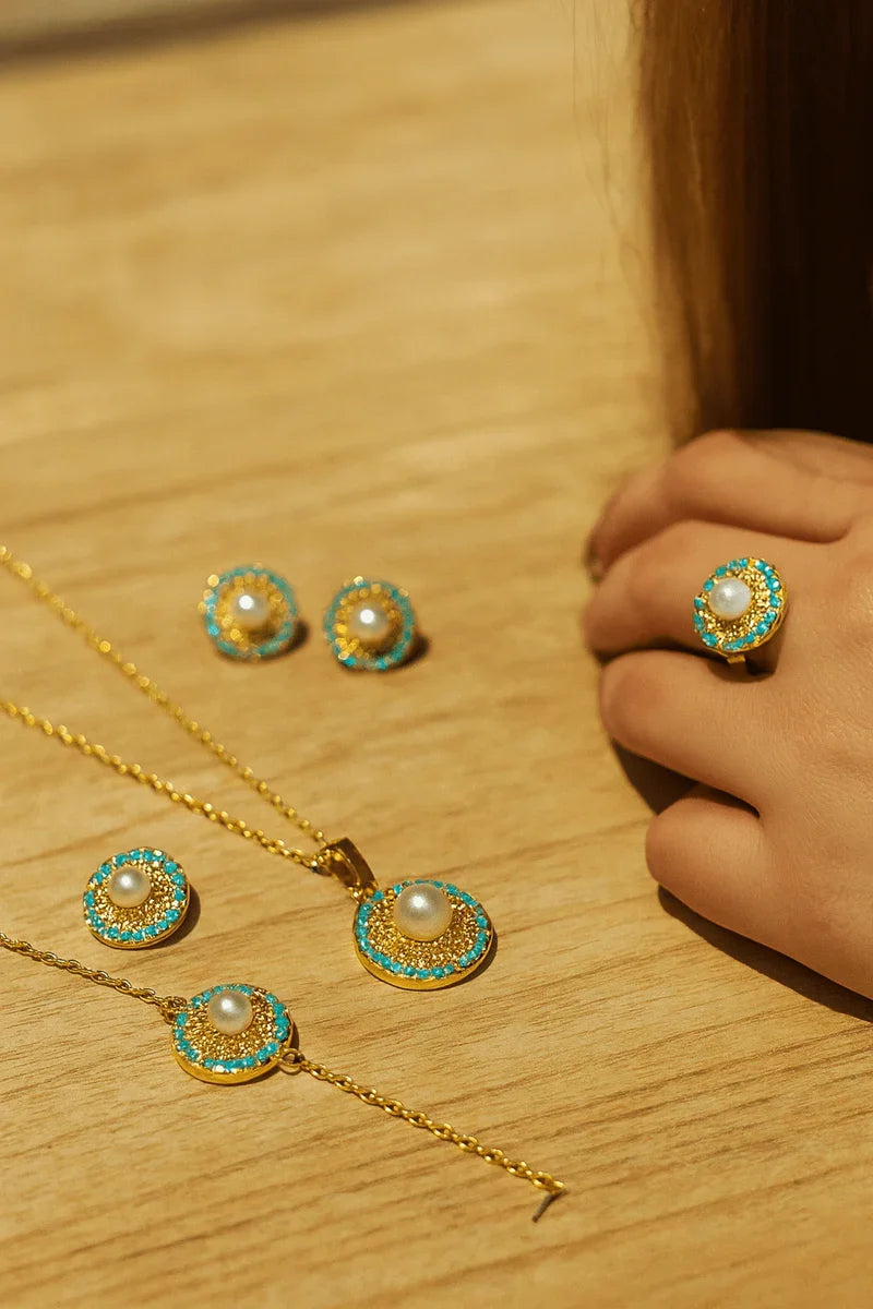 Turquoise & Pearl Round Jewelry Set